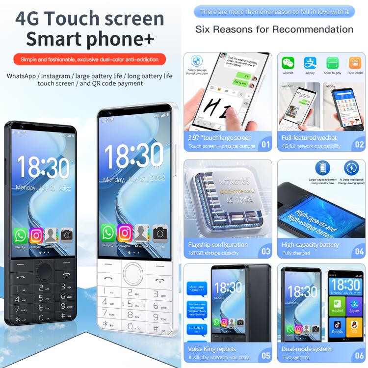 DOOV R70 キーパッドフォン、6GB+128GB、4インチ、Android 13、Mediatek MT6762 オクタコア、ネットワーク：4G、Googleストア対応、カメラ付き、カメラ付き