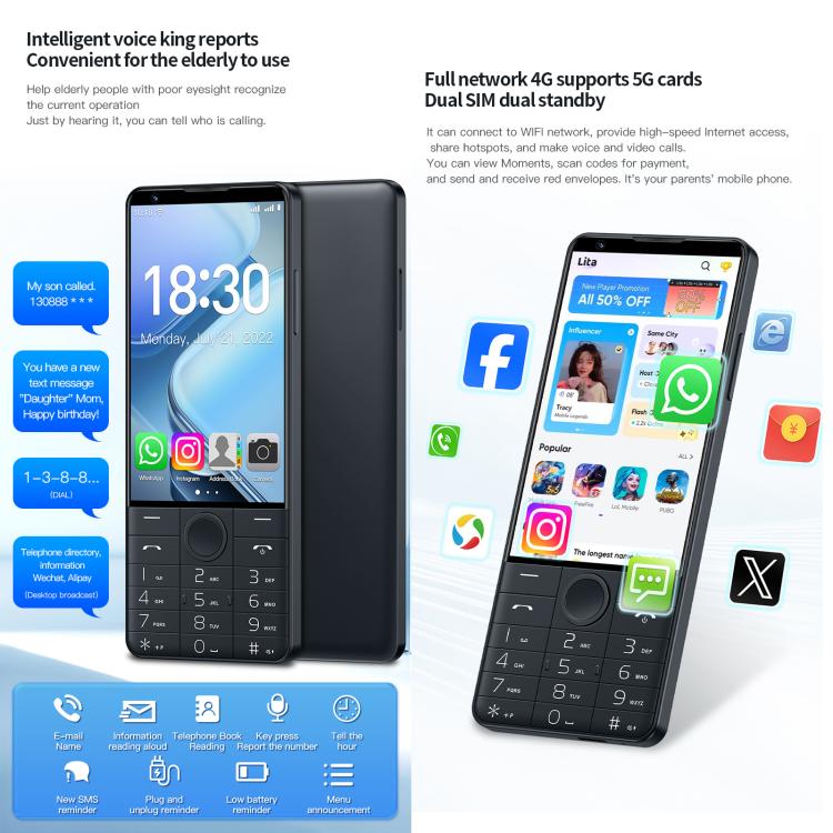 DOOV R70 キーパッドフォン、6GB+128GB、4インチ、Android 13、Mediatek MT6762 オクタコア、ネットワーク：4G、Googleストア対応、カメラ付き、カメラ付き