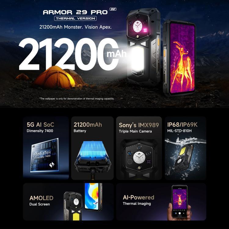 Ulefone Armor 29 Pro サーマルバージョン タフネススマホ、16GB+512GB、ナイトビジョン、6.67インチ＋1.04インチ、Android 15、MediaTek Dimensity 7400 オクタコア、ネットワーク：5G、OTG、NFC、Armor 29 Pro サーマルバージョン