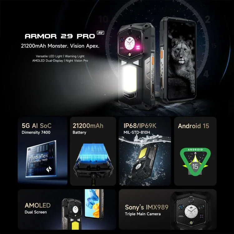 Ulefone Armor 29 Pro タフネススマホ、16GB+512GB、ナイトビジョン、6.67インチ＋1.04インチ、Android 15、MediaTek Dimensity 7400 オクタコア、ネットワーク：5G、OTG、NFC、Armor 29 Pro