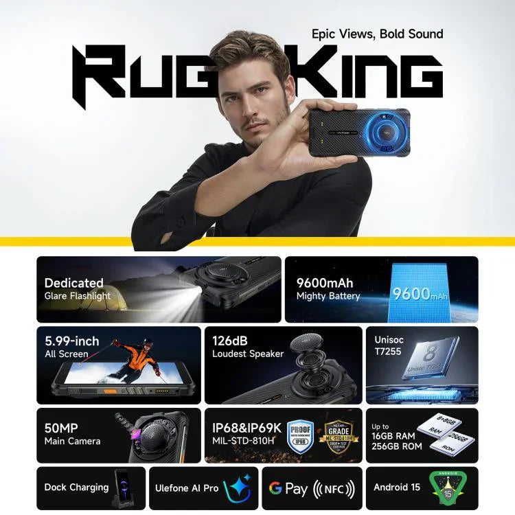 Ulefone RugKing、8GB+256GB、IP68/IP69K タフネススマホ、5.99インチ、Android 15、Unisoc T7255 オクタコア、ネットワーク：4G、NFC、OTG、RugKing、8GB+256GB