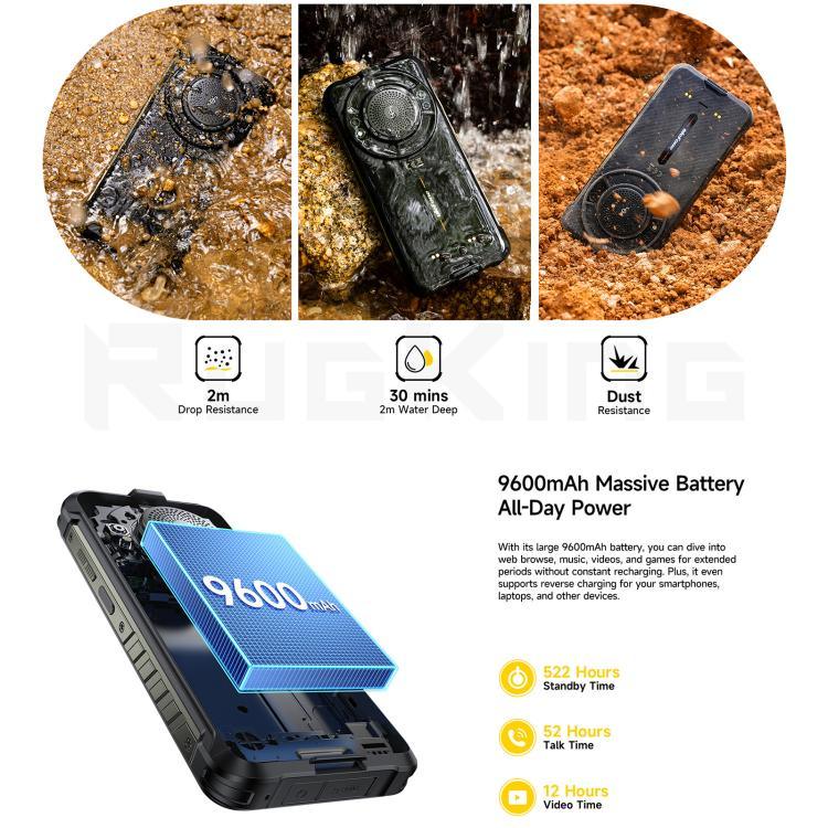 Ulefone RugKing、8GB+256GB、IP68/IP69K タフネススマホ、5.99インチ、Android 15、Unisoc T7255 オクタコア、ネットワーク：4G、NFC、OTG、RugKing、8GB+256GB
