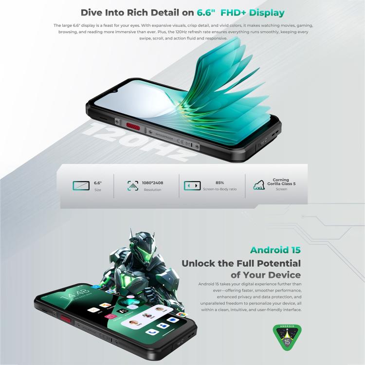 Oukitel WP62 ラギッドフォン、8GB+256GB、108MPカメラ、指紋認証、6.6インチ Android 15 MediaTek Dimensity 7025 オクタコア、NFC、OTG、ネットワーク：5G、8GB+256GB