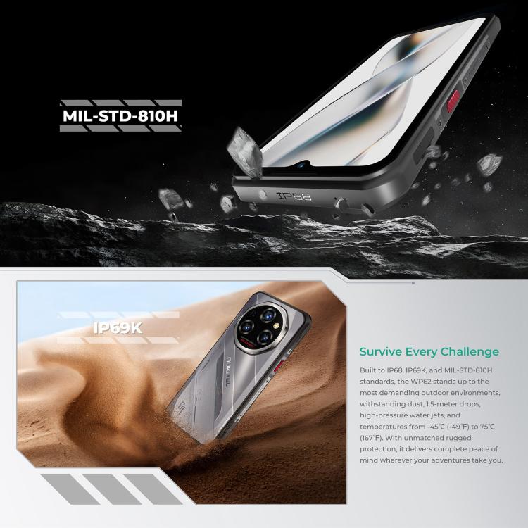 Oukitel WP62 ラギッドフォン、8GB+256GB、108MPカメラ、指紋認証、6.6インチ Android 15 MediaTek Dimensity 7025 オクタコア、NFC、OTG、ネットワーク：5G、8GB+256GB