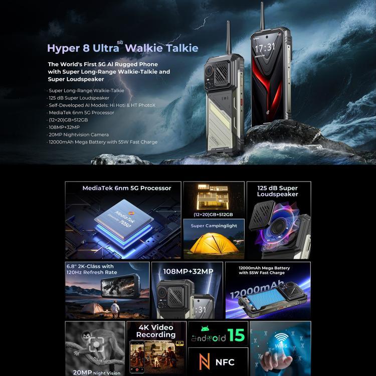 HOTWAV Hyper 8 Ultra トランシーバー堅牢スマートフォン、12GB+512GB、6.8インチ Android 15 MediaTek MT8791 Dimensity 7050 オクタコア、ネットワーク：5G、OTG、NFC、Hyper 8 Ultra