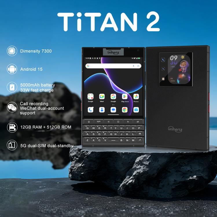 Unihertz Titan 2 QWERTY物理キーボードスマホ、12GB+512GB、指紋認証、4.5インチ＋2インチ Android 15 Dimensity 7300 5G オクタコア、ネットワーク：5G、NFC、OTG