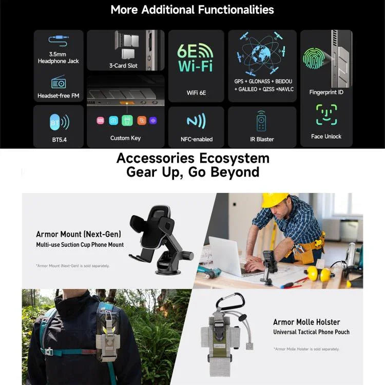 Ulefone Armor 34 Pro+ プロジェクター付き、16GB+512GB、ナイトビジョン、IP68/IP69K 頑丈スマートフォン、6.95インチ Android 15 MediaTek Dimensity 7400X オクタコア、ネットワーク：5G、NFC、OTG、Armor 34 Pro+