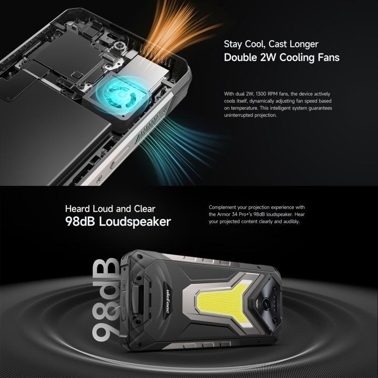 Ulefone Armor 34 Pro+ プロジェクター付き、16GB+512GB、ナイトビジョン、IP68/IP69K 頑丈スマートフォン、6.95インチ Android 15 MediaTek Dimensity 7400X オクタコア、ネットワーク：5G、NFC、OTG、Armor 34 Pro+
