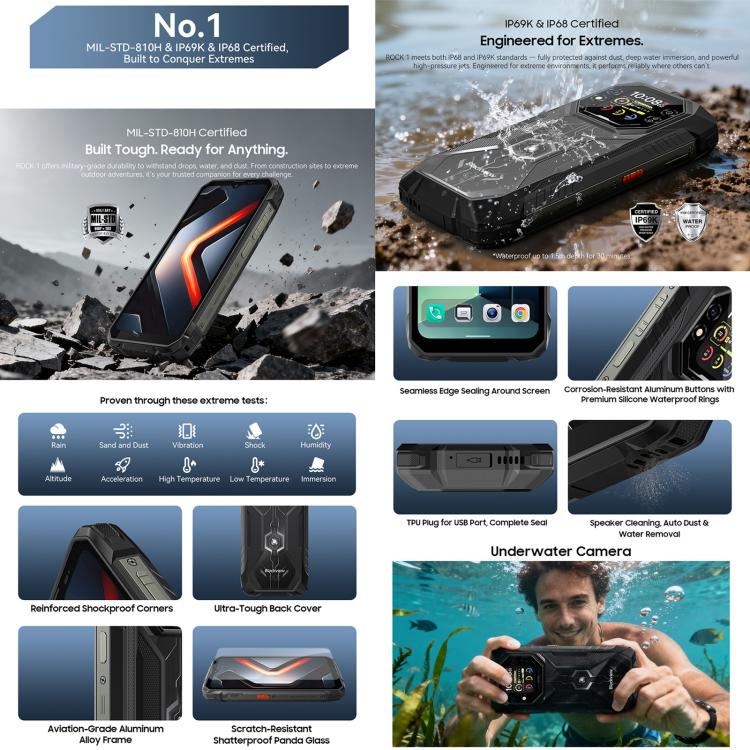 Blackview ROCK 1 頑丈スマホ、8GB+256GB、6.56インチ Android 16 MT6769V/CB Helio G81 オクタコア、ネットワーク：4G、OTG、NFC、ROCK 1 8GB+256GB