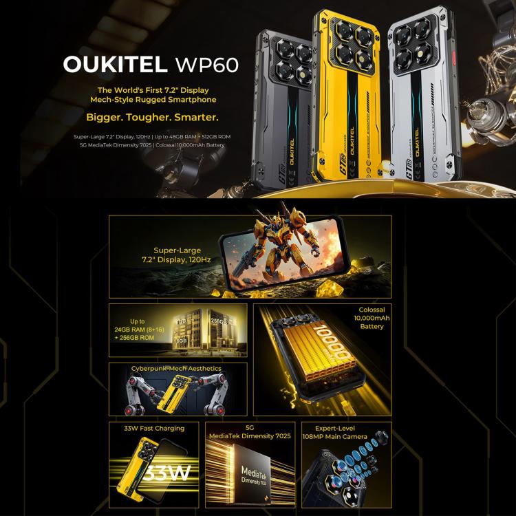 Oukitel WP60 頑丈スマホ、8GB+256GB、ナイトビジョン、108MPカメラ、側面指紋認証、7.2インチ Android 15 MediaTek Dimensity 7025 オクタコア、NFC、OTG、ネットワーク：5G、8GB+256GB