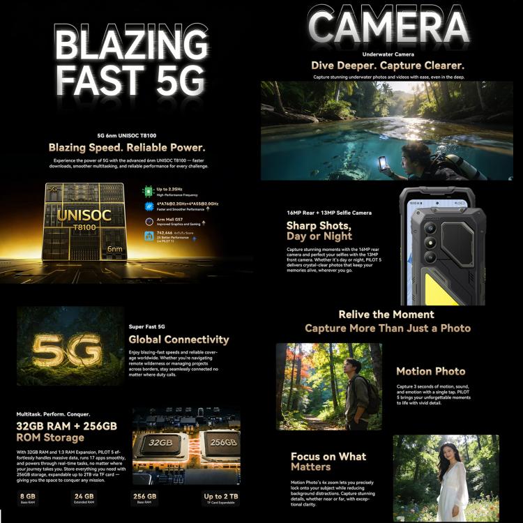 Blackview Oscal Pilot 5 5G 頑丈スマートフォン、8GB+256GB、6.67インチ Android 16 UMS9620 T8100 オクタコア、ネットワーク：5G、OTG、NFC