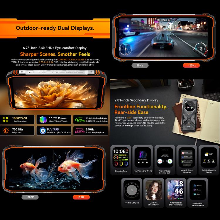 Blackview Oscal TANK 1、12GB+256GB、6.78インチ Android 15 DokeOS 4.2 Mediatek Dimensity 7050 オクタコア、ネットワーク：5G、OTG、NFC、12GB+256GB