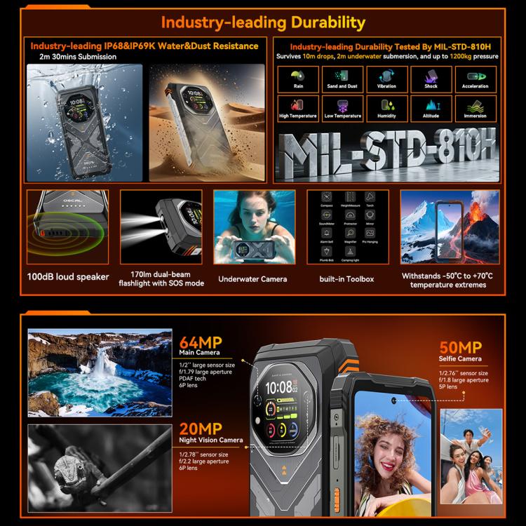 Blackview Oscal TANK 1、12GB+256GB、6.78インチ Android 15 DokeOS 4.2 Mediatek Dimensity 7050 オクタコア、ネットワーク：5G、OTG、NFC、12GB+256GB