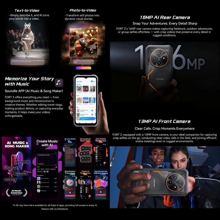 Blackview FORT 2 頑丈スマートフォン、8GB+128GB、6.56インチ Android 15 MediaTek MT6769V/CB Helio G81 オクタコア、ネットワーク：4G、OTG、NFC、8GB+128GB