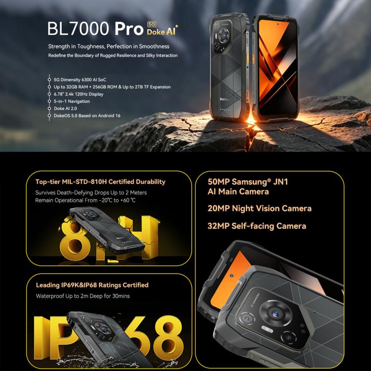 Blackview BL7000 頑丈スマートフォン、8GB+512GB、6.78インチ Android 15 MediaTek Dimensity 6300 オクタコア、ネットワーク：5G、NFC、OTG、8GB+512GB