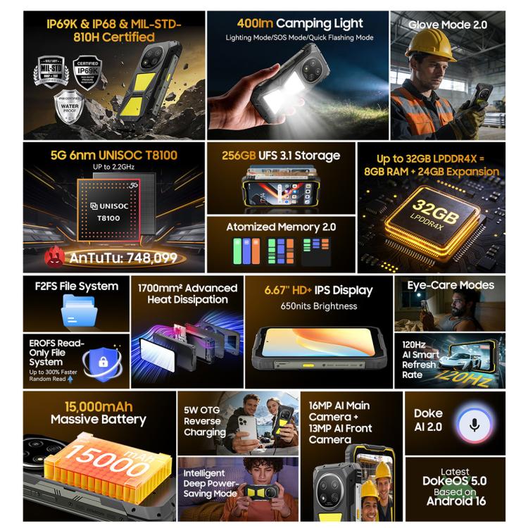 Blackview ROCK 2 Pro 頑丈スマートフォン、8GB+256GB、6.67インチ Android 16 Unisoc UMS9620 T8100 オクタコア、ネットワーク：5G、OTG、NFC