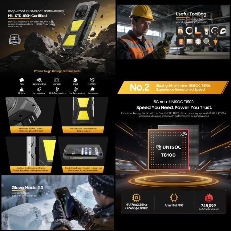 Blackview ROCK 2 Pro 頑丈スマートフォン、8GB+256GB、6.67インチ Android 16 Unisoc UMS9620 T8100 オクタコア、ネットワーク：5G、OTG、NFC