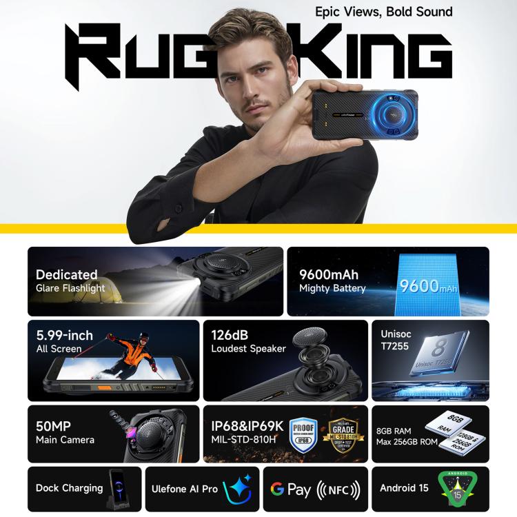 Ulefone RugKing、8GB+128GB、IP68/IP69K ラギッドフォン、5.99インチ Android 15 Unisoc T7255 オクタコア、ネットワーク：4G、NFC、OTG、RugKing、8GB+128GB