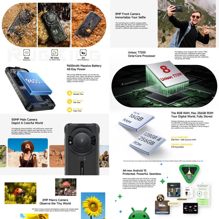 Ulefone RugKing、8GB+128GB、IP68/IP69K ラギッドフォン、5.99インチ Android 15 Unisoc T7255 オクタコア、ネットワーク：4G、NFC、OTG、RugKing、8GB+128GB