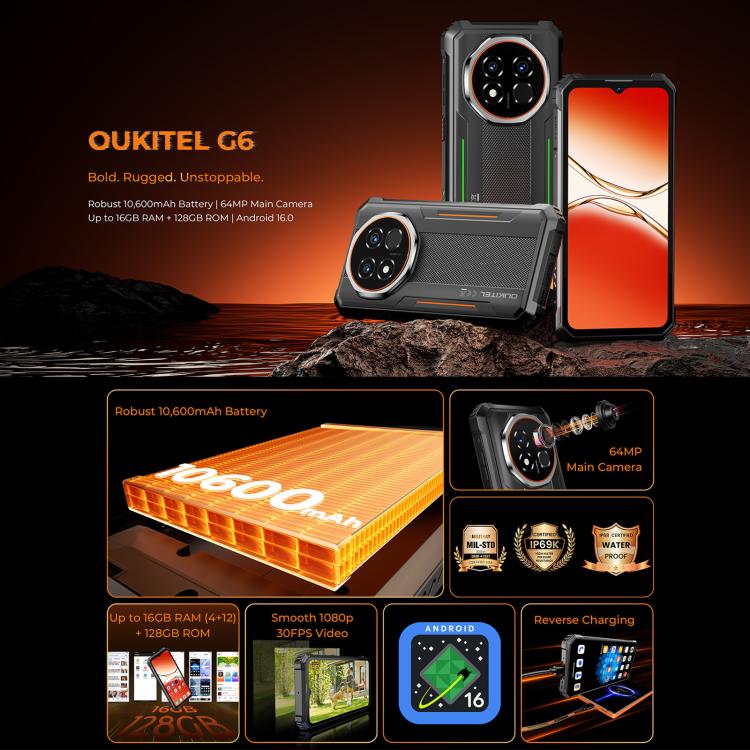 Oukitel G6 ラギッドフォン、4GB+128GB、指紋認証、10600mAhバッテリー、6.52インチ Android 16.0 Unisoc T615 オクタコア、NFC、OTG、ネットワーク：4G、4GB+128GB