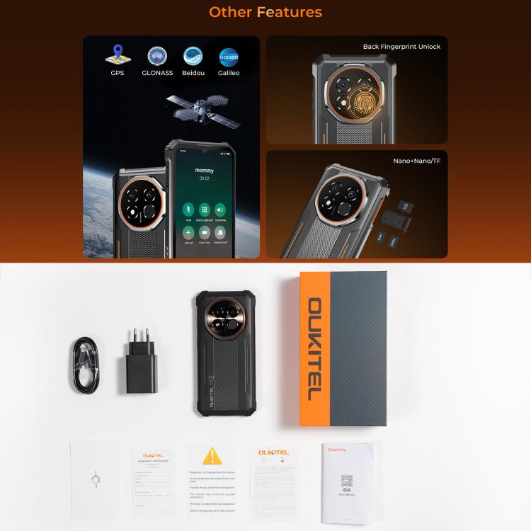 Oukitel G6 ラギッドフォン、4GB+128GB、指紋認証、10600mAhバッテリー、6.52インチ Android 16.0 Unisoc T615 オクタコア、NFC、OTG、ネットワーク：4G、4GB+128GB