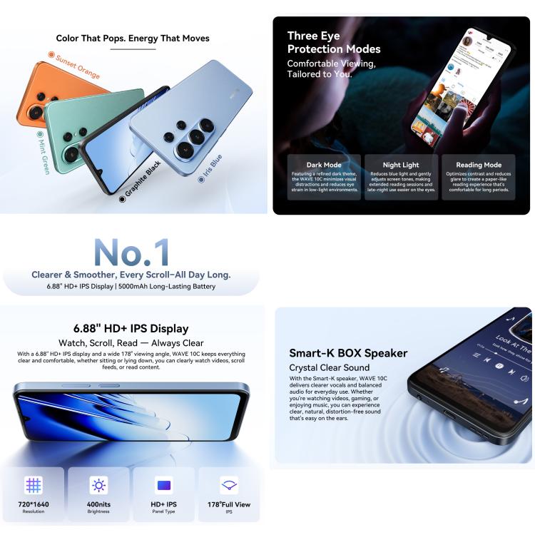 Blackview WAVE 10C、4GB+128GB、6.88インチ Android 16 Unisoc UMS312 / T310 オクタコア、ネットワーク：4G、OTG、WAVE 10C、4GB+128GB