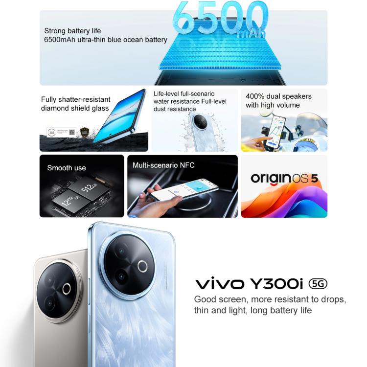 vivo Y300i、12GB+512GB、Face ID / 側面指紋認証、6.68インチ Android 15 OriginOS 5 Snapdragon 4 Gen 2 オクタコア、OTG、NFC、ネットワーク：5G、12GB+512GB