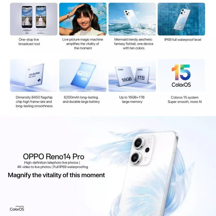OPPO Reno14 Pro AIフォン、16GB+1TB、画面指紋認証、6.83インチ ColorOS 15.0 Dimensity 8450 オクタコア、NFC、OTG、ネットワーク：5G、16GB+1TB