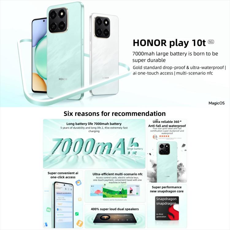 Honor Play10T、8GB+128GB、側面指紋認証、6.8インチ、Android 15 Magic OS 9.0、Snapdragon 6s Gen 3 オクタコア、ネットワーク：5G、8GB+128GB