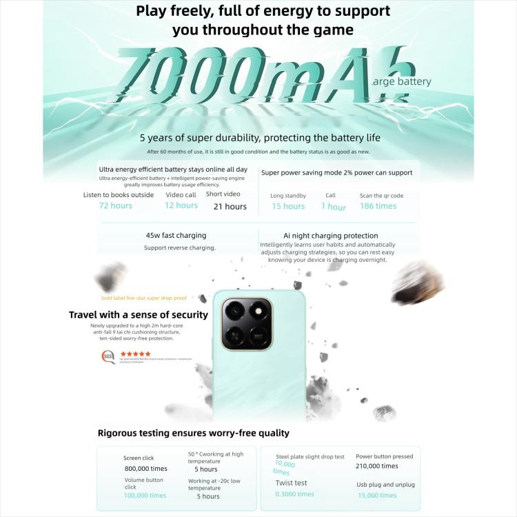 Honor Play10T、8GB+128GB、側面指紋認証、6.8インチ、Android 15 Magic OS 9.0、Snapdragon 6s Gen 3 オクタコア、ネットワーク：5G、8GB+128GB