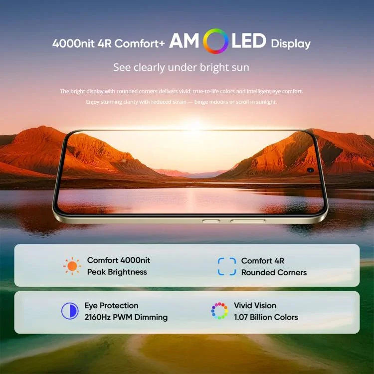 Realme 15T、8GB+128GB、画面指紋認証、6.57インチ、Realme UI 6.0、Android 15、MediaTek Dimensity 6400 Max オクタコア、NFC、ネットワーク：5G、8GB+128GB