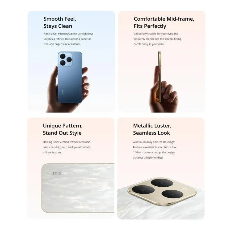 Realme 15T、8GB+128GB、画面指紋認証、6.57インチ、Realme UI 6.0、Android 15、MediaTek Dimensity 6400 Max オクタコア、NFC、ネットワーク：5G、8GB+128GB