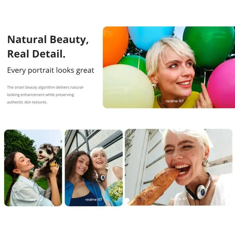 Realme 15T、8GB+256GB、画面指紋認証、6.57インチ、Realme UI 6.0、Android 15、MediaTek Dimensity 6400 Max オクタコア、NFC、ネットワーク：5G、8GB+256GB