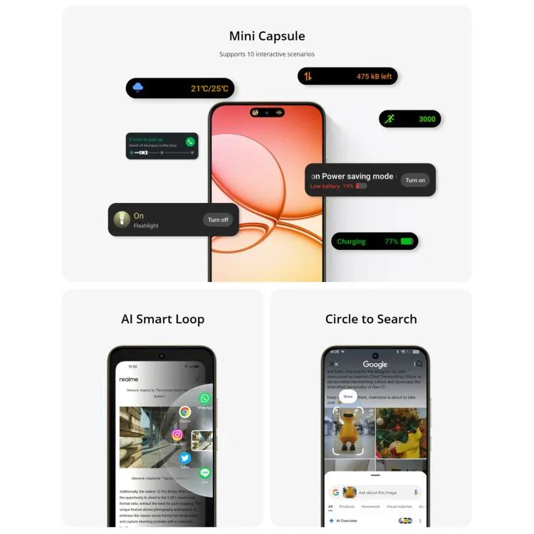Realme 15T、8GB+256GB、画面指紋認証、6.57インチ、Realme UI 6.0、Android 15、MediaTek Dimensity 6400 Max オクタコア、NFC、ネットワーク：5G、8GB+256GB