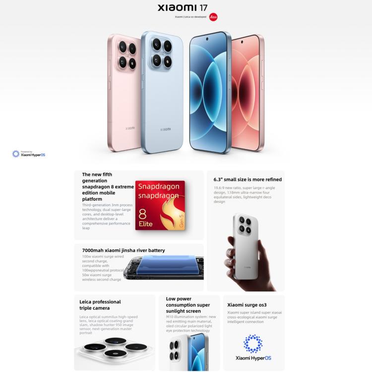 Xiaomi 17、12GB+512GB、3D超音波指紋認証、6.3インチ、Xiaomi HyperOS 3、Snapdragon 8 Elite Gen 5 オクタコア、NFC、ネットワーク：5G、12GB+512GB
