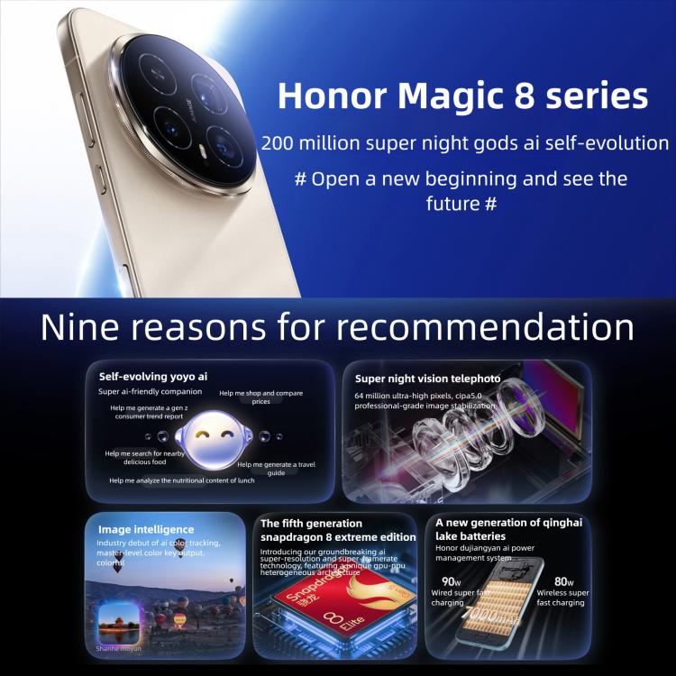 Honor Magic8、16GB+1TB、画面内指紋認証、6.58インチ、MagicOS 10.0 / Android 16、Snapdragon 8 Elite 第5世代 オクタコア、ネットワーク：5G、NFC、OTG、16GB+1TB