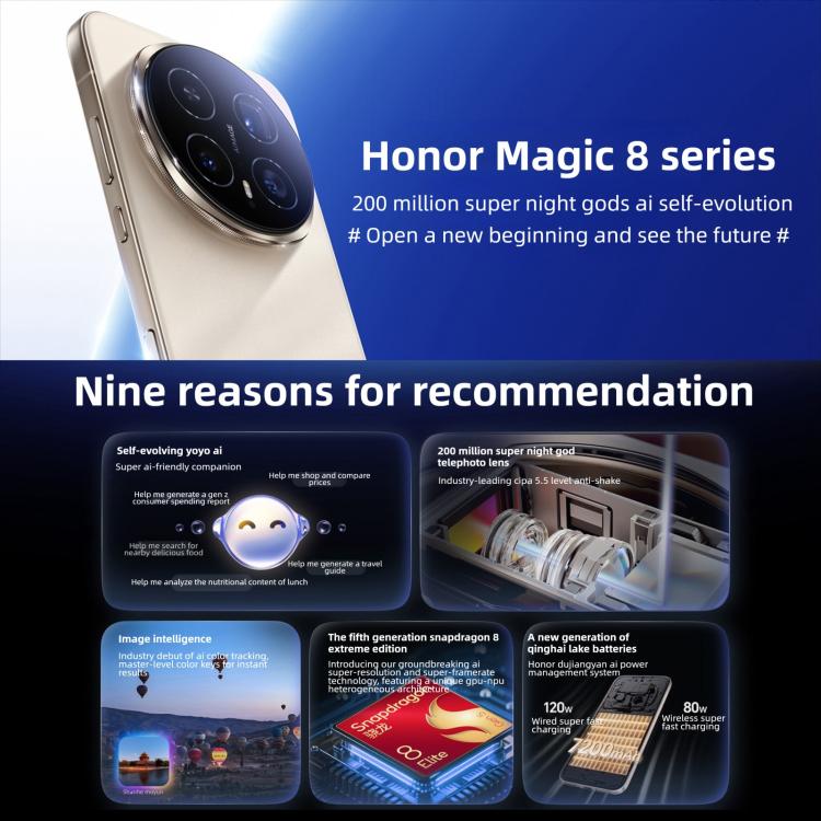 Honor Magic8 Pro、12GB+256GB、画面内指紋認証、6.71インチ、MagicOS 10.0 / Android 16、Snapdragon 8 Elite 第5世代 オクタコア、ネットワーク：5G、NFC、OTG、12GB+256GB