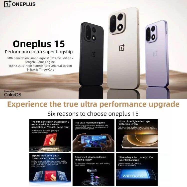 OnePlus 15、12GB+512GB、画面指紋認証、6.78インチ ColorOS 16.0 Snapdragon 8 Elite Gen 5 オクタコア、NFC、ネットワーク：5G、12GB+512GB