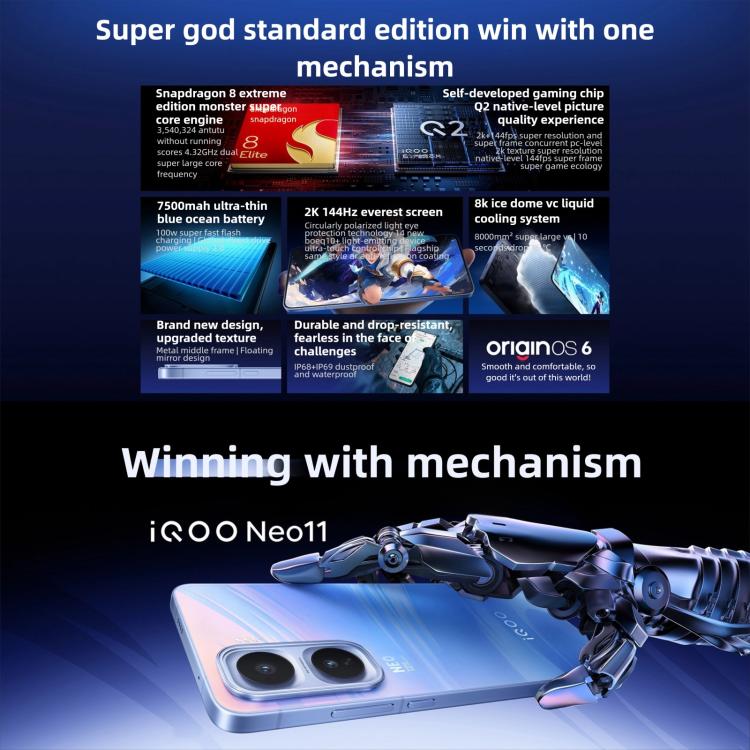 vivo iQOO Neo11、16GB+1TB、顔認証 / 画面指紋認証、6.82インチ Android 16 OriginOS 6 Snapdragon 8 Elite オクタコア、OTG、NFC、ネットワーク：5G、iQOO Neo11、16GB+1TB