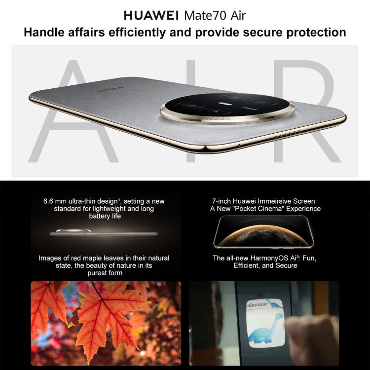 HUAWEI Mate 70 Air、16GB+256GB、側面指紋認証、7インチ HarmonyOS 5.1 Kirin 9020B、NFC、OTG、Google Play非対応、16GB+256GB