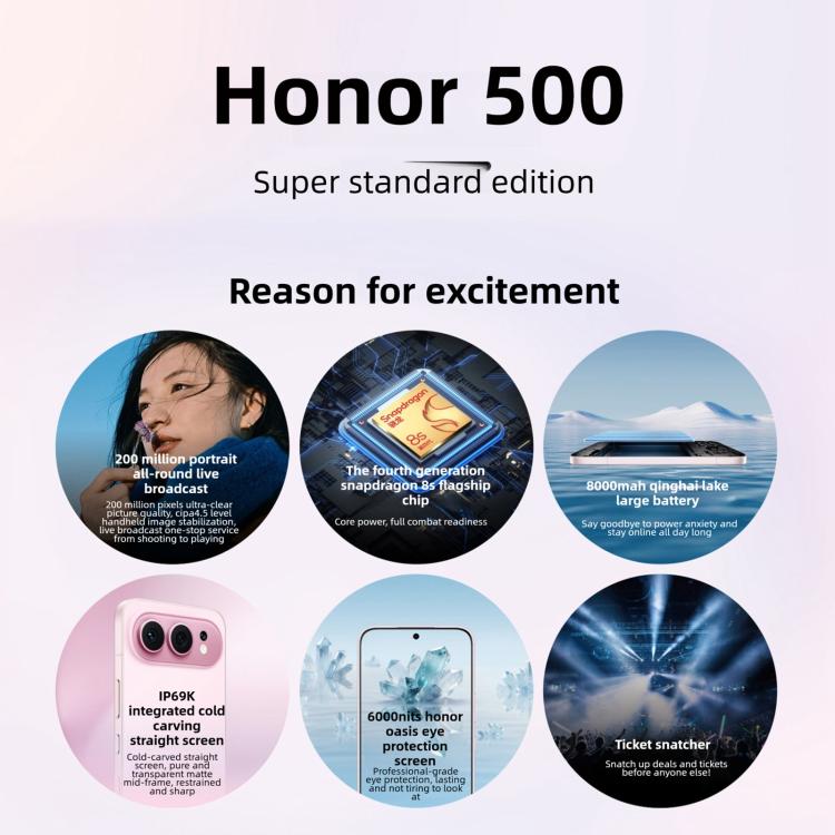 Honor 500、12GB+512GB、画面内指紋認証、6.55インチ MagicOS 10.0 / Android 16 Snapdragon 8s Gen 4 オクタコア、ネットワーク：5G、NFC、OTG、Honor 500、12GB+512GB