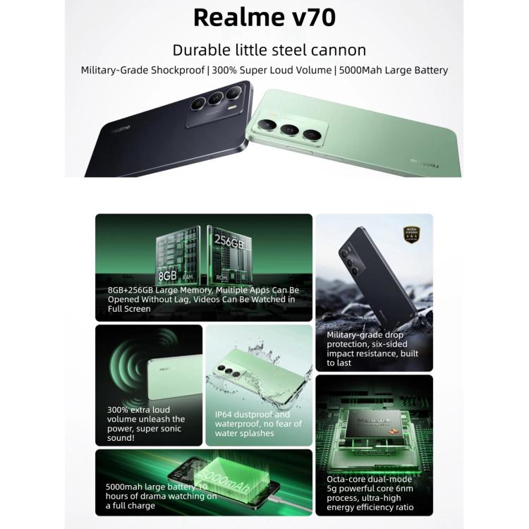 Realme V70、8GB+256GB、6.67インチ Realme UI 6.0 Android 15 Dimensity 6300 5G オクタコア、ネットワーク：5G、8GB+256GB