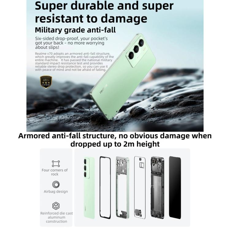 Realme V70、8GB+256GB、6.67インチ Realme UI 6.0 Android 15 Dimensity 6300 5G オクタコア、ネットワーク：5G、8GB+256GB