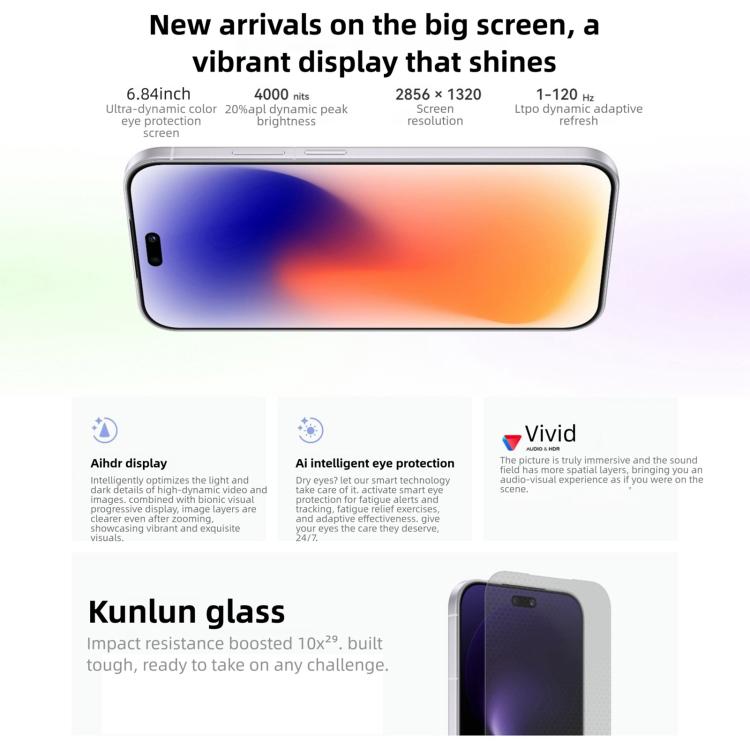 Huawei nova 15 Pro、昆侖ガラス、12GB+256GB、側面指紋認証、6.84インチ HarmonyOS 6.0 Kirin 9010S オクタコア、NFC、OTG、Google Play非対応、昆侖ガラス、12GB+256GB