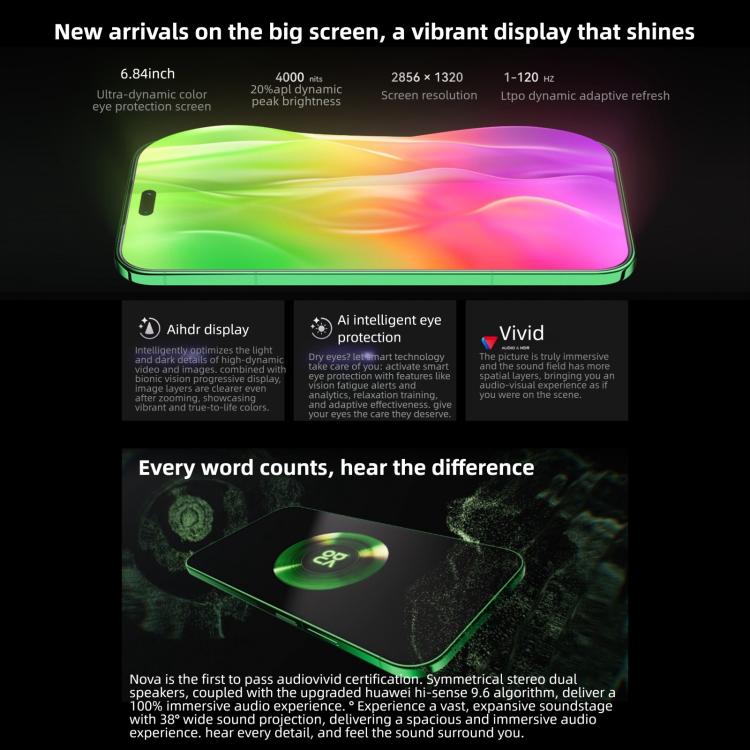 Huawei nova 15 Pro、昆侖ガラス、12GB+256GB、側面指紋認証、6.84インチ HarmonyOS 6.0 Kirin 9010S オクタコア、NFC、OTG、Google Play非対応、12GB+256GB