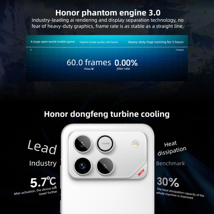 Honor WIN、12GB+256GB、3D超音波指紋認証、10000mAhバッテリー、6.83インチ MagicOS 10.0 / Android 16 Snapdragon 8 Elite Gen 5 オクタコア、ネットワーク：5G、NFC、OTG、12GB+256GB
