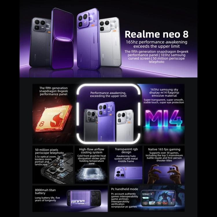 Realme Neo8、16GB+1TB、超音波画面指紋認証、6.78インチ Realme UI 7.0 Snapdragon 8 Gen 5 オクタコア、OTG、NFC、ネットワーク：5G、16GB+1TB