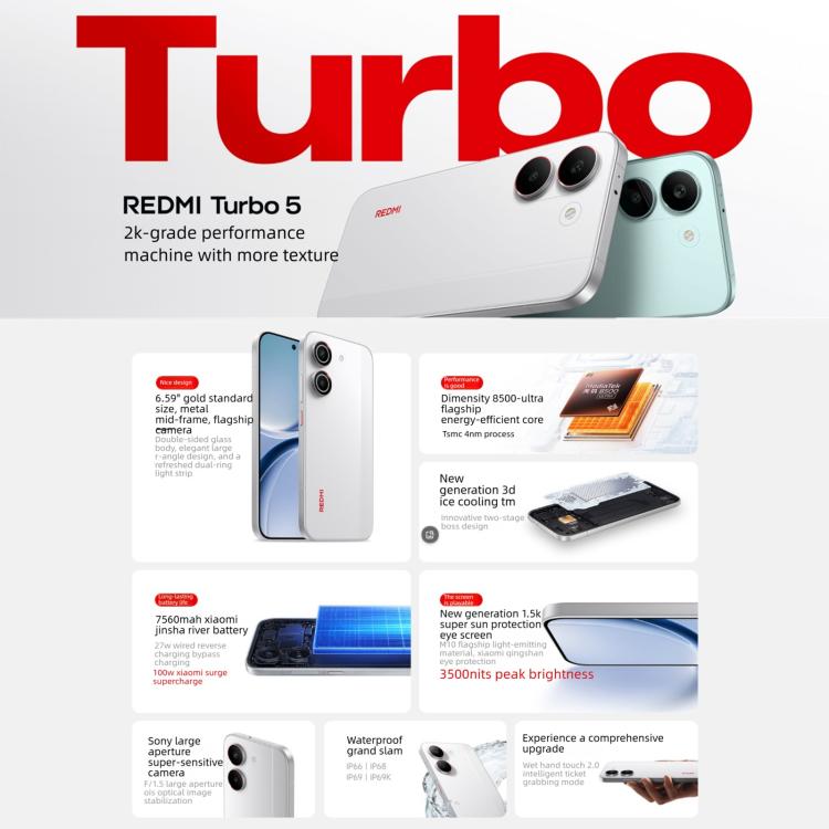 Xiaomi REDMI Turbo 5、12GB+256GB、6.59インチ Xiaomi HyperOS 3 Dimensity 8500-Ultra オクタコア、NFC、ネットワーク：5G、12GB+256GB