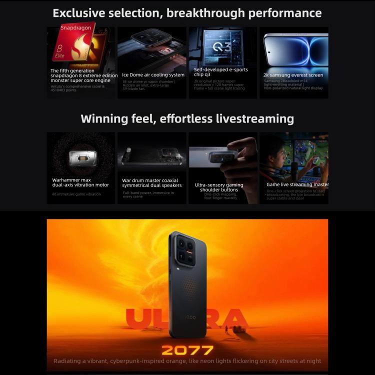 vivo iQOO 15 Ultra、24GB+1TB、超音波3D指紋認証、6.85インチ Android 16 OriginOS 6 Snapdragon 8 Elite Gen 5 オクタコア、OTG、NFC、ネットワーク：5G、Google Play対応、24GB+1TB
