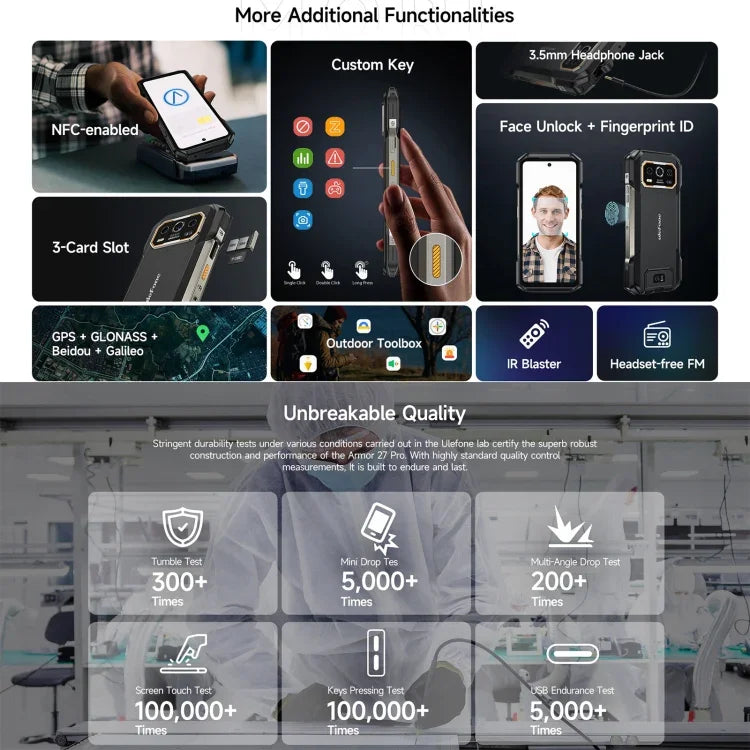 Ulefone Armor 27 Pro 頑丈スマートフォン、12GB+256GB、ナイトビジョン、10600mAh、6.78インチ Android 14 MediaTek Dimensity 6300 オクタコア、ネットワーク：5G、NFC、Armor 27 Pro
